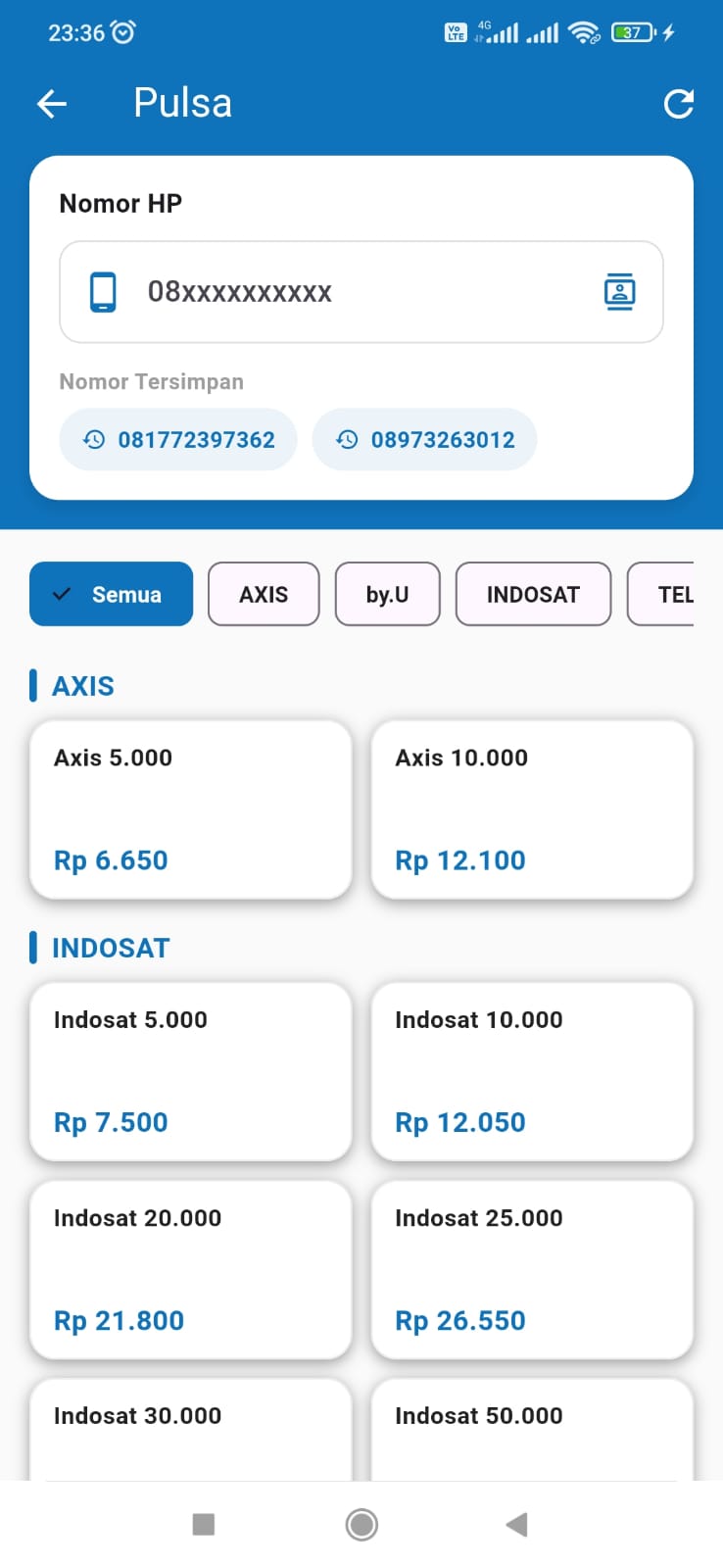 Pilih produk dan masukkan nomor tujuan